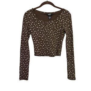 Just Polly Womens Medium Brown Ribbed Floral Long Sleeve Button Henley Crop Top